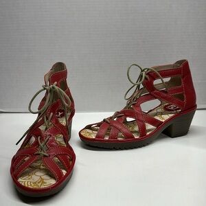 Fly London Lace Up Leather High Heel Open Toe Shoes Sandals Red Size 37 6.5 - 7